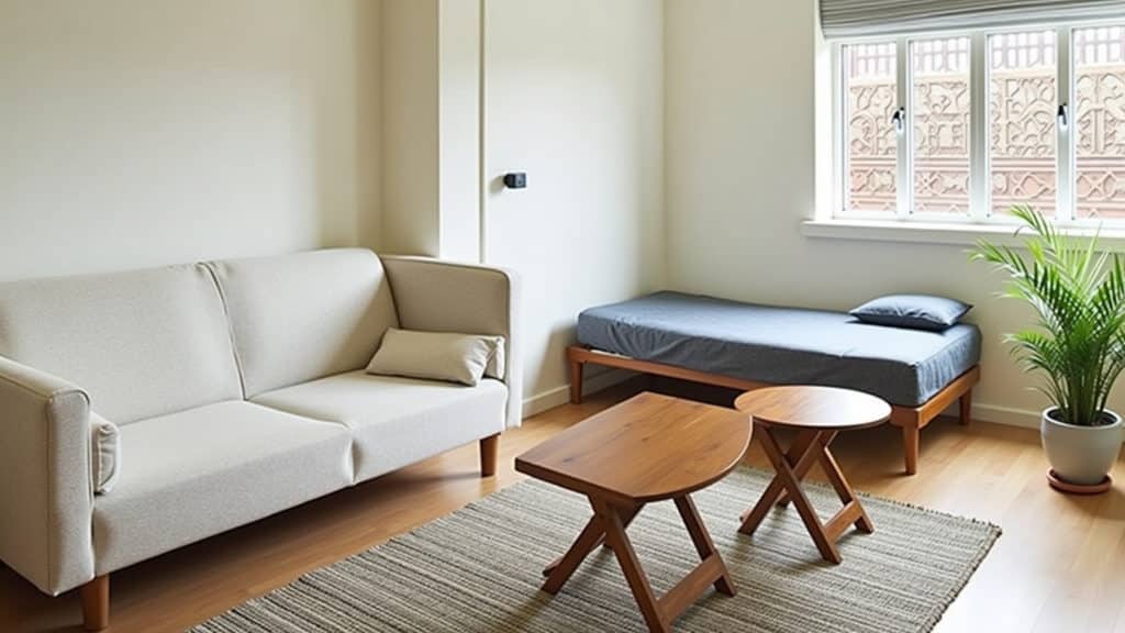 Small apartment, multifunctional furniture: sofa bed, folding table, Brazilian design, natural Móveis multifuncionais em apartamento pequeno: sofá-cama e mesa dobrável.