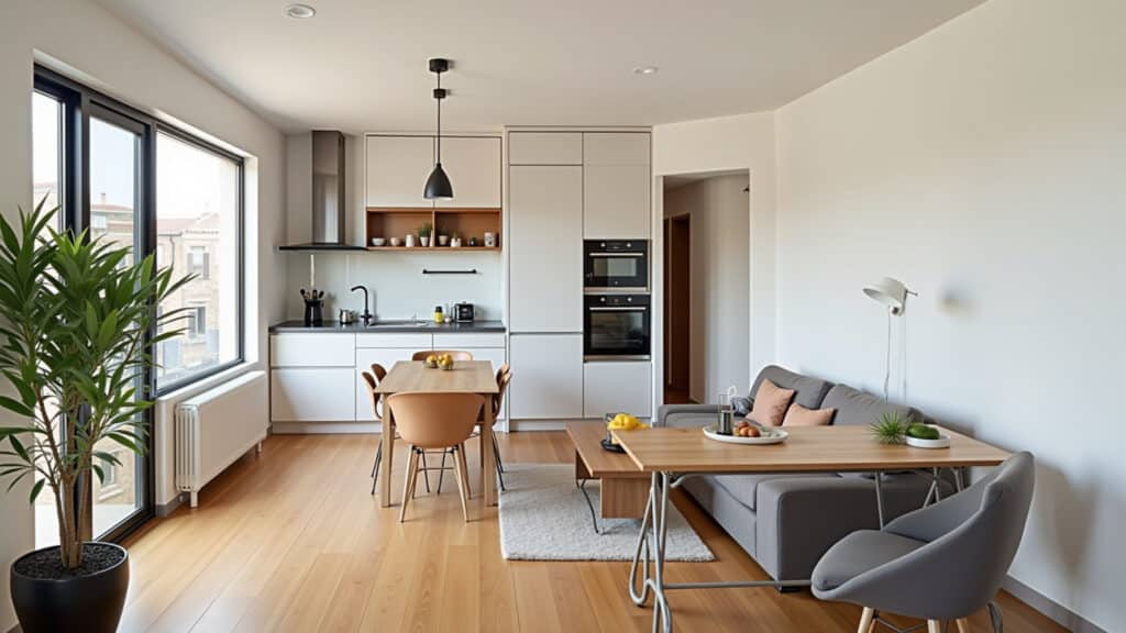 Small apartment, open concept living room and kitchen, seamless design, natural light, modern Integração de ambientes em apartamento pequeno: sala e cozinha.