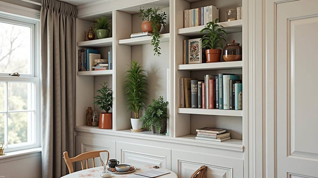 Small apartment, shelves and niches with books, plants, decorative objects, vertical organization, Prateleiras e nichos organizando livros e objetos em apartamento pequeno.
