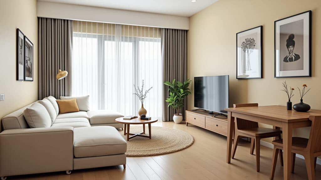 Sofá de cor clara em sala pequena ampliando o ambiente.