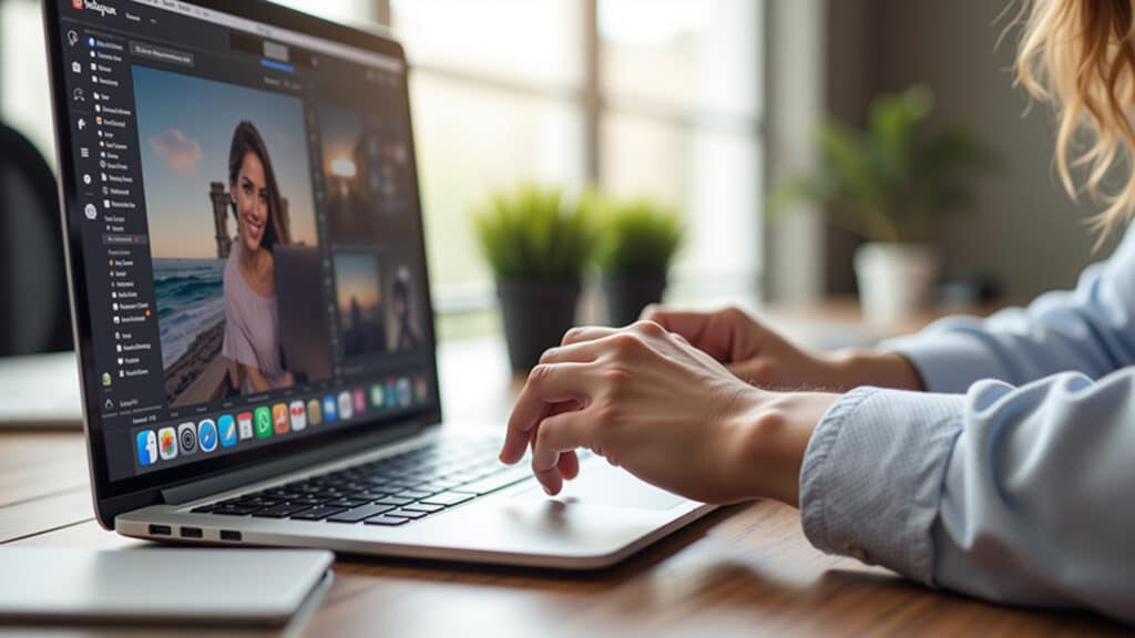 Social media manager working, laptop, Instagram interface, content creation, engagement, Gestor de redes sociais trabalhando online.