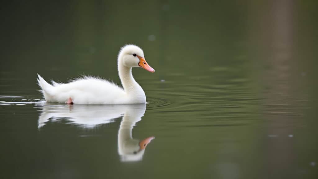 Ugly Duckling original, swan reflection, lake scene, self-acceptance, 8K quality, professional O Patinho Feio vendo seu reflexo como um cisne.