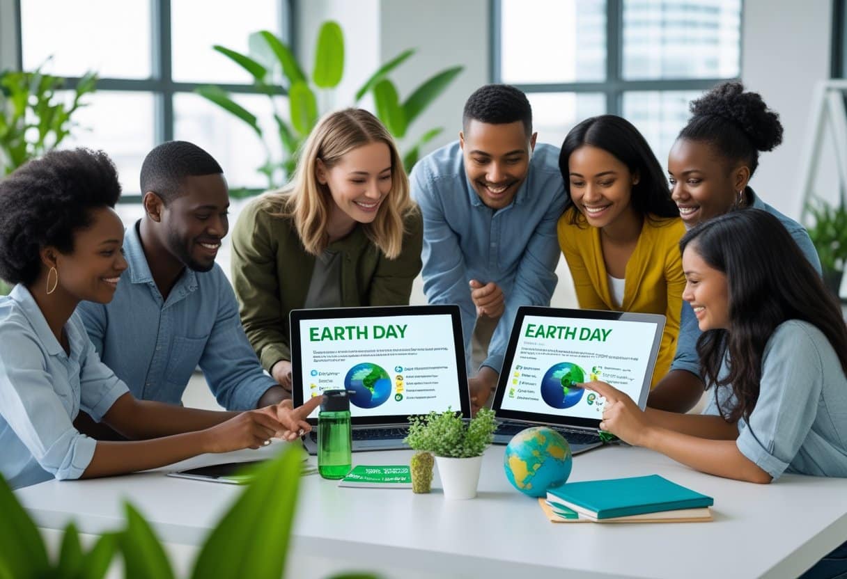 Grupo de pessoas reunidas em um ambiente moderno, usando dispositivos digitais para participar de uma atividade sobre o Dia da Terra, com plantas ao redor e itens ecológicos na mesa.