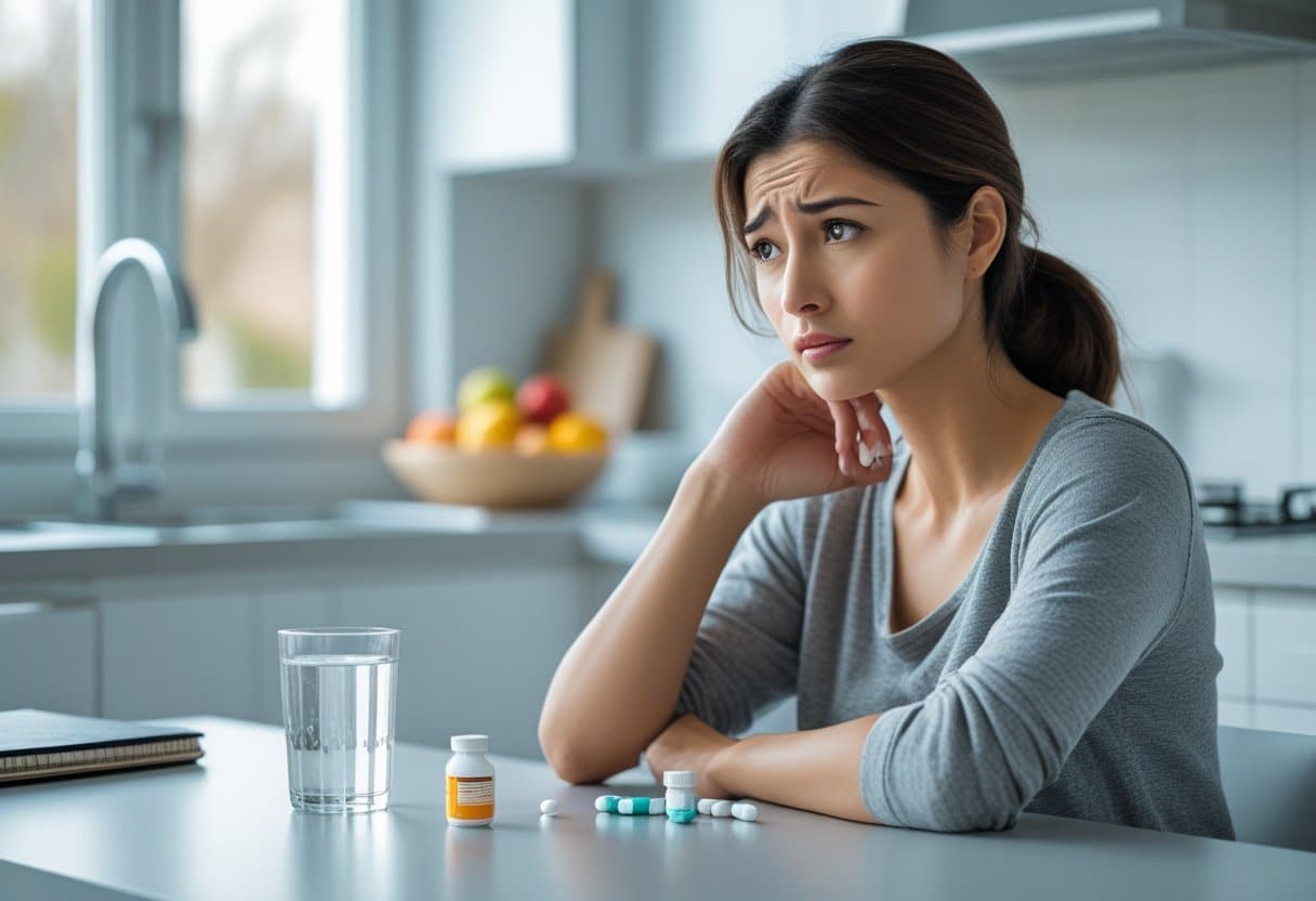 Mulher sentada à mesa da cozinha olhando pensativa para um copo de água e um frasco de remédio.