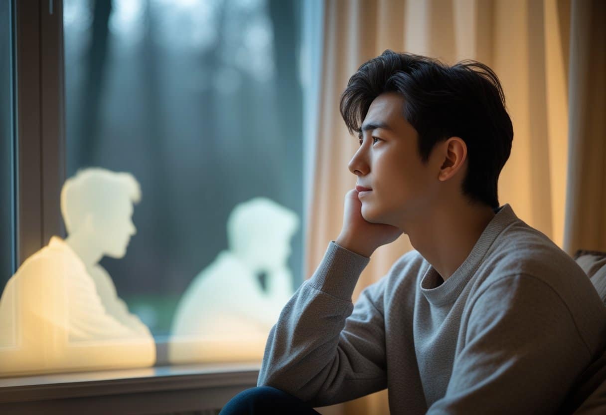 Pessoa sentada sozinha olhando pensativa pela janela em um ambiente aconchegante, com silhuetas suaves de outra pessoa ao fundo.