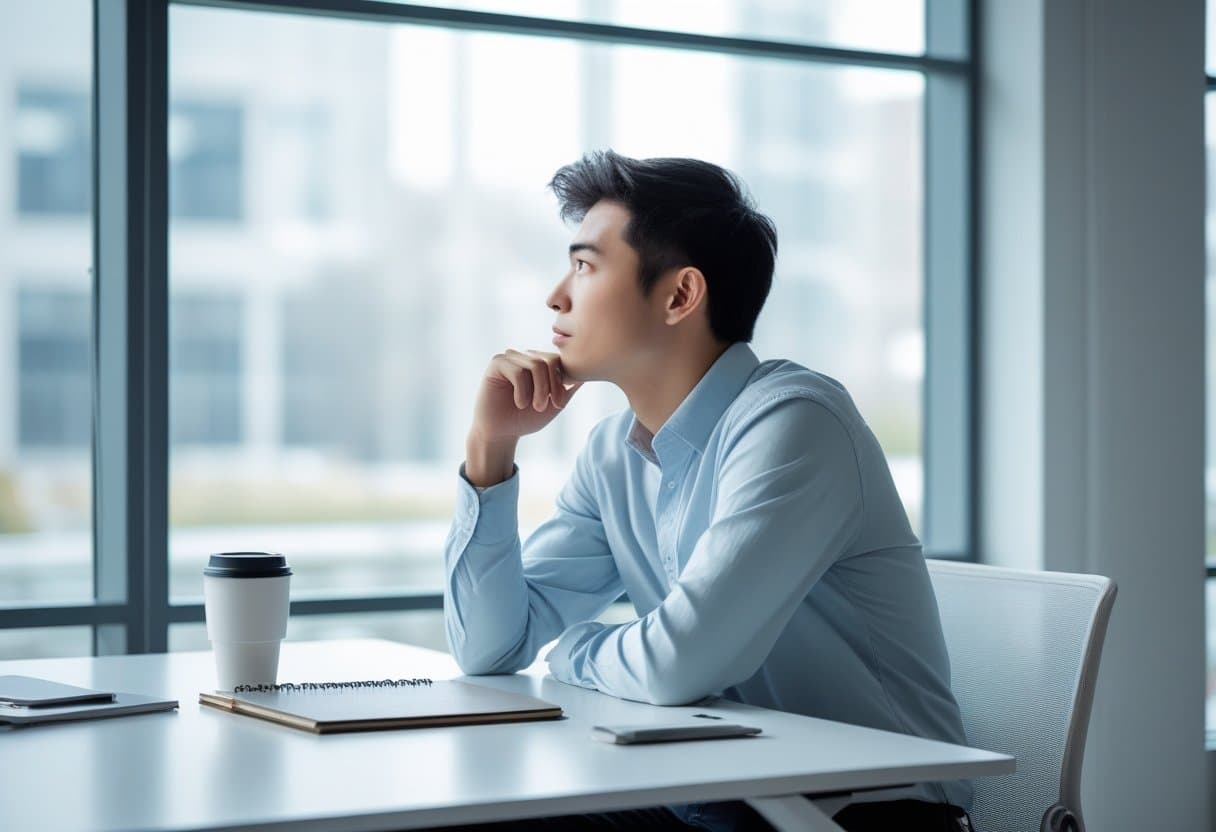 Pessoa jovem pensativa sentada em uma mesa perto de uma janela grande, olhando para fora com expressão calma e reflexiva.