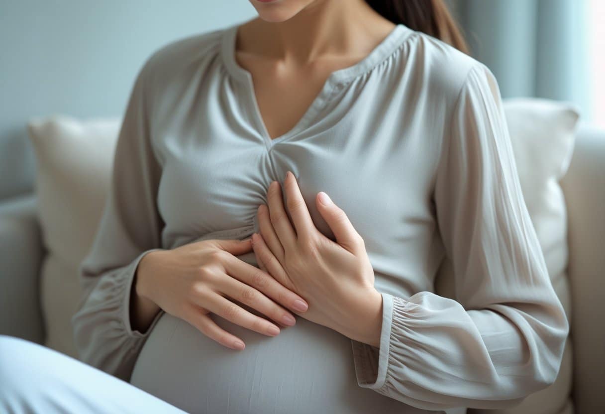 Mulher segurando suavemente a área abaixo da mama esquerda com expressão preocupada.