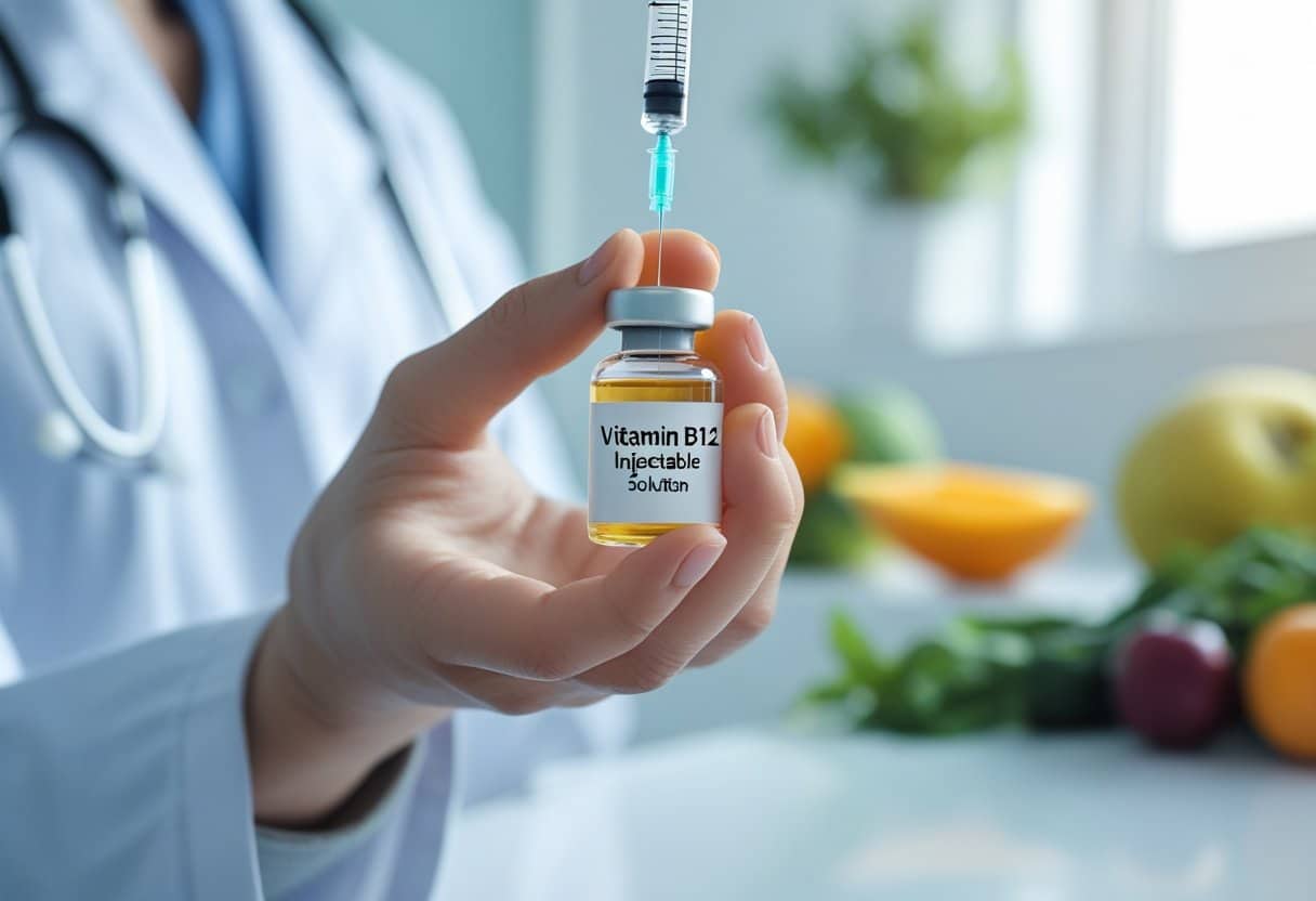 Mão de profissional de saúde segurando um frasco de vitamina B12 injetável com uma seringa, em um ambiente clínico com frutas e vegetais ao fundo.