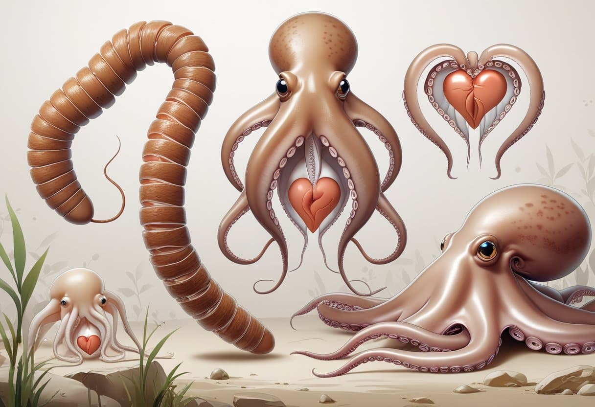 Ilustração mostrando uma minhoca, um lula e um polvo com seus múltiplos corações visíveis dentro do corpo.
