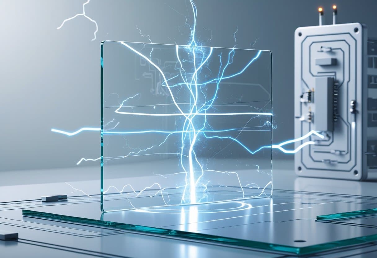 Uma ilustração mostrando uma placa de vidro transparente com correntes elétricas passando por ela, indicando condução de eletricidade.