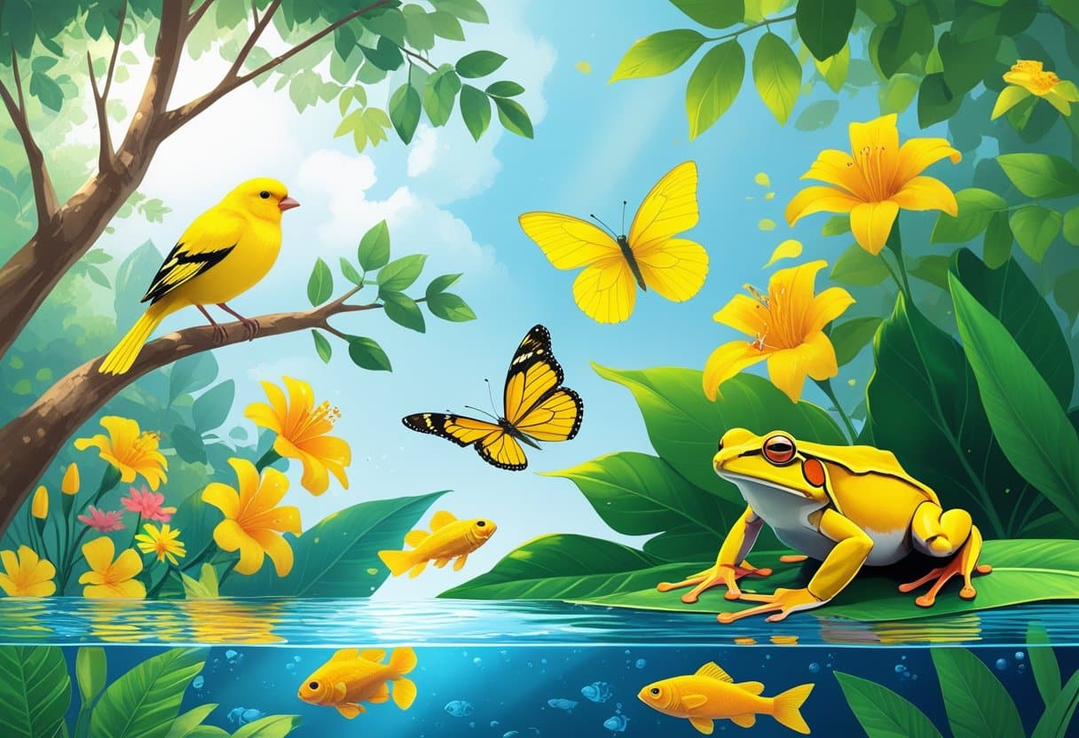 Vários animais amarelos, incluindo um canário, uma borboleta, um sapo e um peixe, em um ambiente natural com plantas e água.