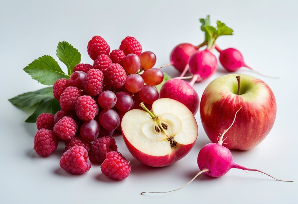 Uma variedade de frutas vermelhas frescas sobre fundo branco, incluindo framboesas, uvas, maçã e rabanetes.