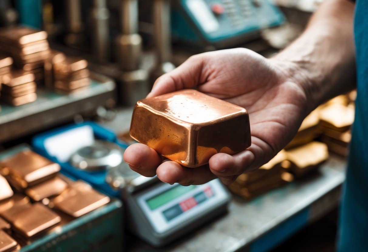 Mão segurando um objeto de bronze com uma balança ao fundo em um ambiente de oficina ou mercado de metais.