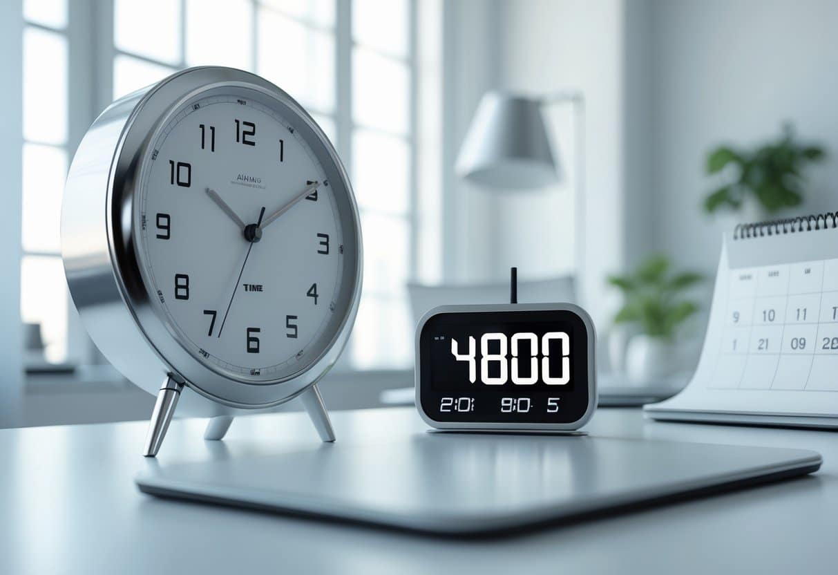 Relógio analógico e cronômetro digital em uma mesa de escritório com calendário aberto mostrando dois dias consecutivos.