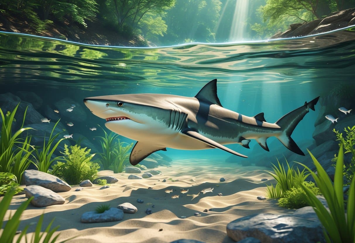 Um tubarão de água doce nadando em um rio claro com plantas aquáticas e pedras ao redor.