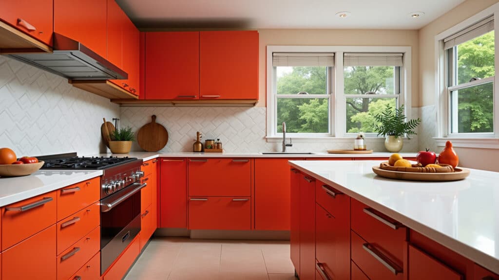 Cozinha com cores quentes e vibrantes.