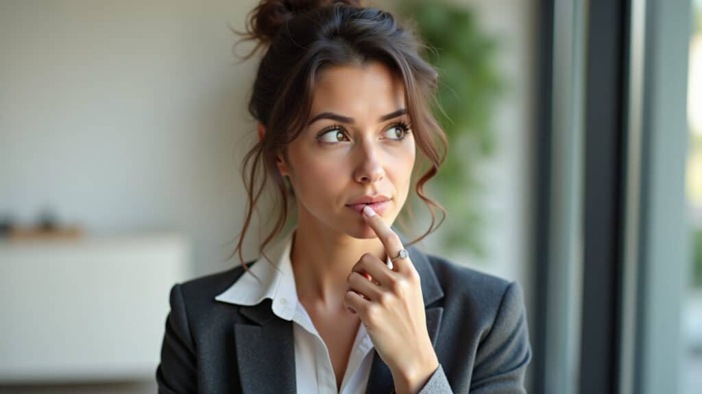 Woman carefully considering what to share on social media, privacy concept, 8K quality, sharp Mulher pensando antes de compartilhar online.