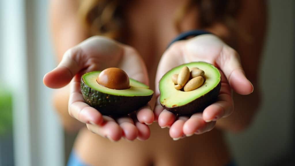 Woman choosing avocado and nuts over processed sweets, healthy fats concept, natural lighting, 8K, Escolhendo abacate e castanhas em vez de doces.