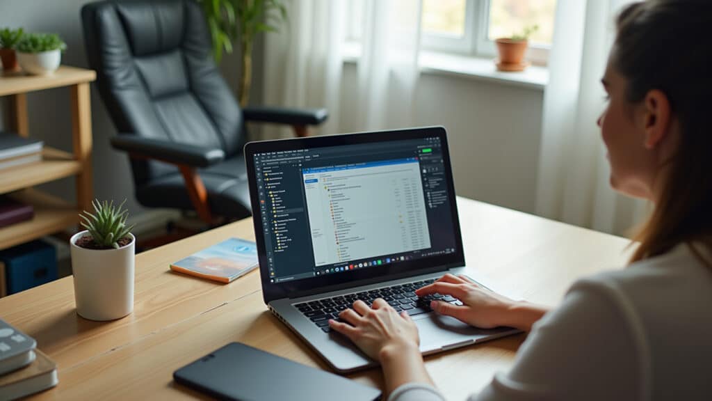 Mulher desinstalando programas não utilizados no notebook.