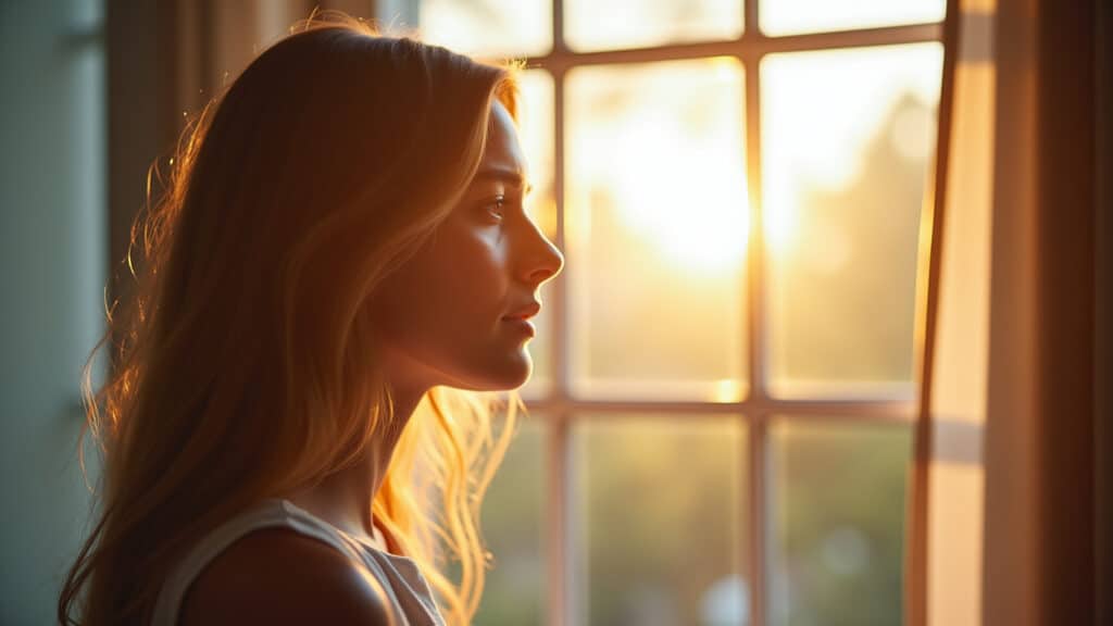 Woman exposed to morning sunlight by a window, regulating her circadian rhythm. Natural lighting, Mulher aproveitando a luz do sol da manhã.