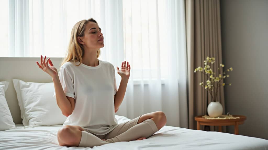 Woman practicing deep breathing exercises before bed, calming her mind. Soft lighting, peaceful Mulher praticando exercícios de respiração.