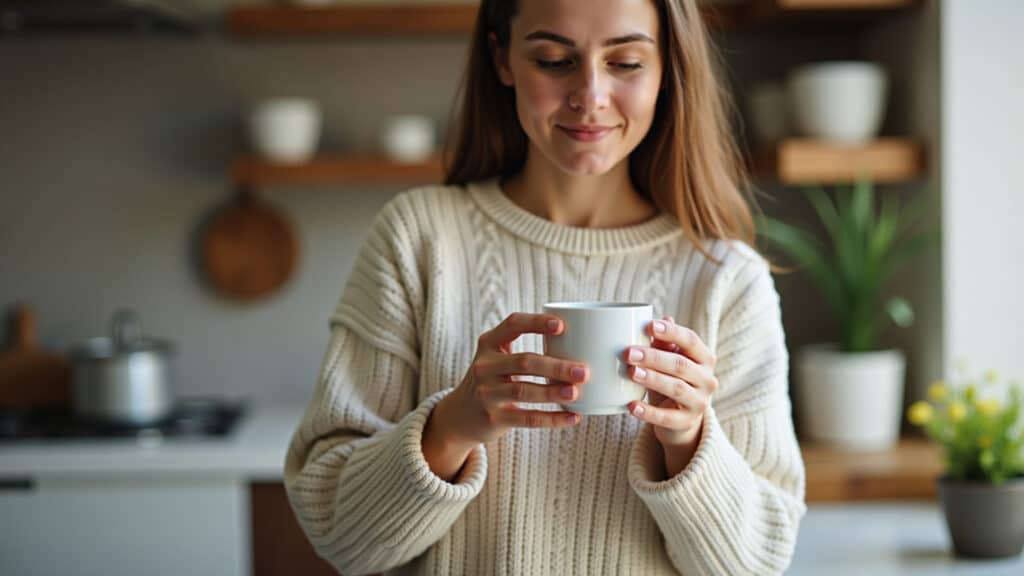 Woman preparing a cup of chamomile tea before bed, natural sleep aid. Soft lighting, cozy kitchen. Mulher preparando chá de camomila.