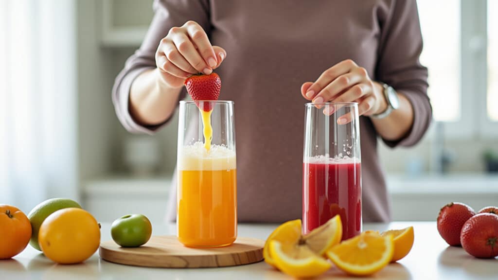 Woman preparing homemade juice with fresh fruits, avoiding sugary drinks, natural lighting, 8K, Mulher preparando suco natural em casa.