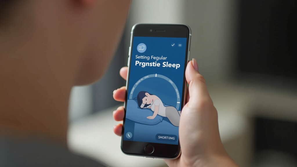 Woman setting a regular sleep schedule on her phone, prioritizing sleep. Clean, modern interface. Mulher definindo horário de sono no celular.