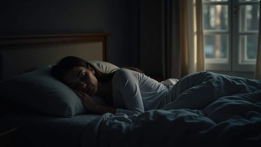 Woman sleeping peacefully in a dark, quiet room. Comfortable bedding, natural light filtering Sono reparador para a recuperação muscular.