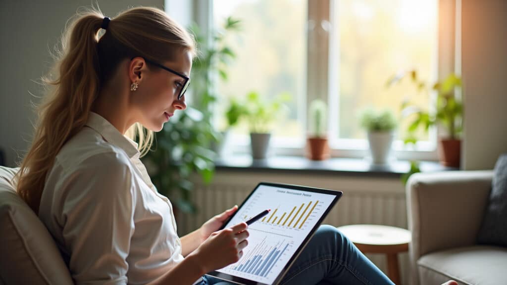 Mulher estudando gráfico de desempenho de fundos de renda fixa.