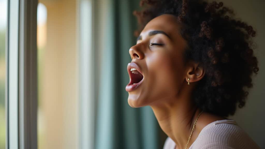 Mulher bocejando para respirar melhor.