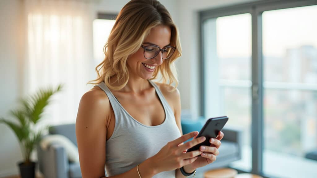 Woman tracking progress on fitness app, smiling, motivated. Bright, modern apartment, healthy Mulher motivada acompanhando o progresso nos exercícios.