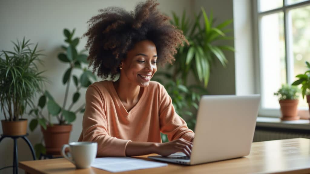 Mulher usando Jasper.ai para criar conteúdo.