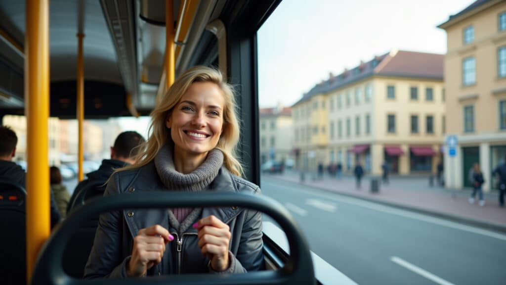 Mulher usando transporte público na Europa, ônibus e vista da cidade.