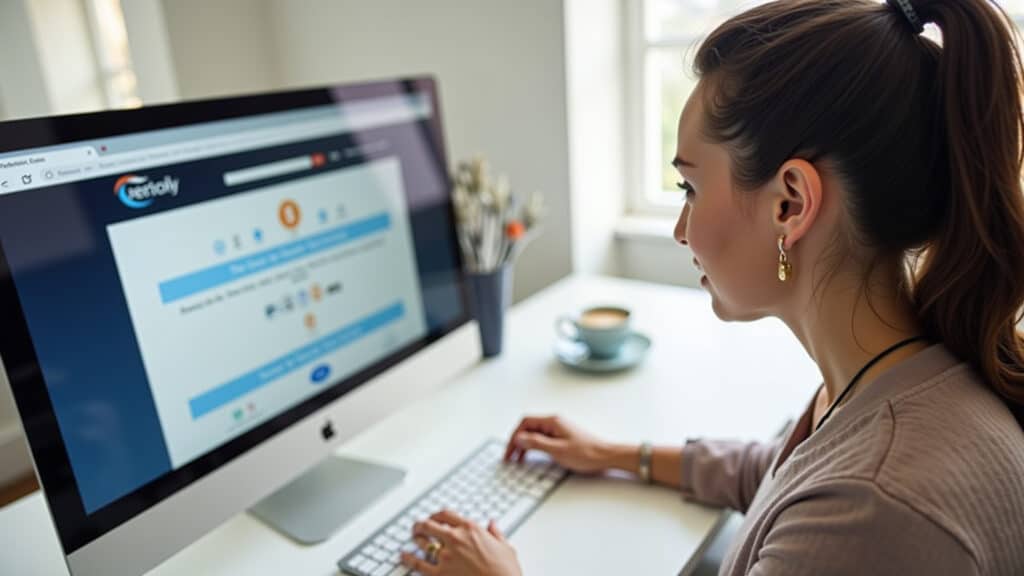 Mulher verificando credenciais de empresa de investimento online.