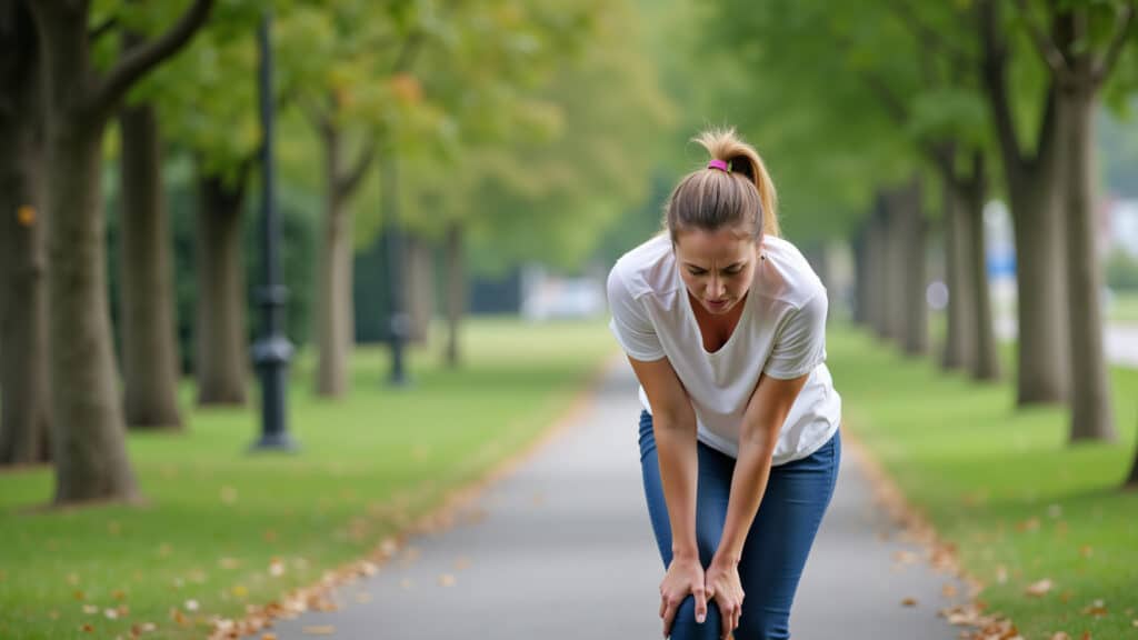 Woman wincing in pain, holding her knee, stopped running. Park setting, concerned expression. 8K Mulher sentindo dor no joelho durante a corrida, prevenindo lesões.