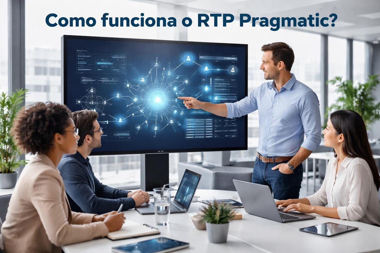 Grupo de profissionais em escritório moderno discutindo gráficos e diagramas em uma tela digital grande.