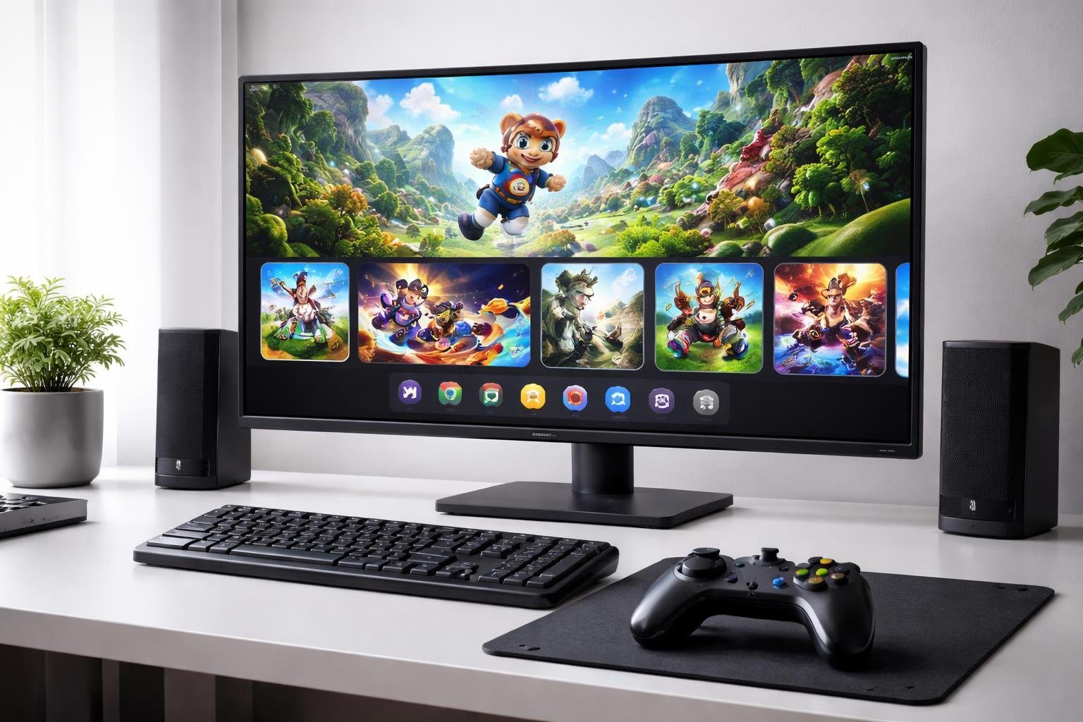 Setup de jogo moderno com monitor exibindo um emulador de Nintendo Switch e um controle sem fio sobre a mesa.