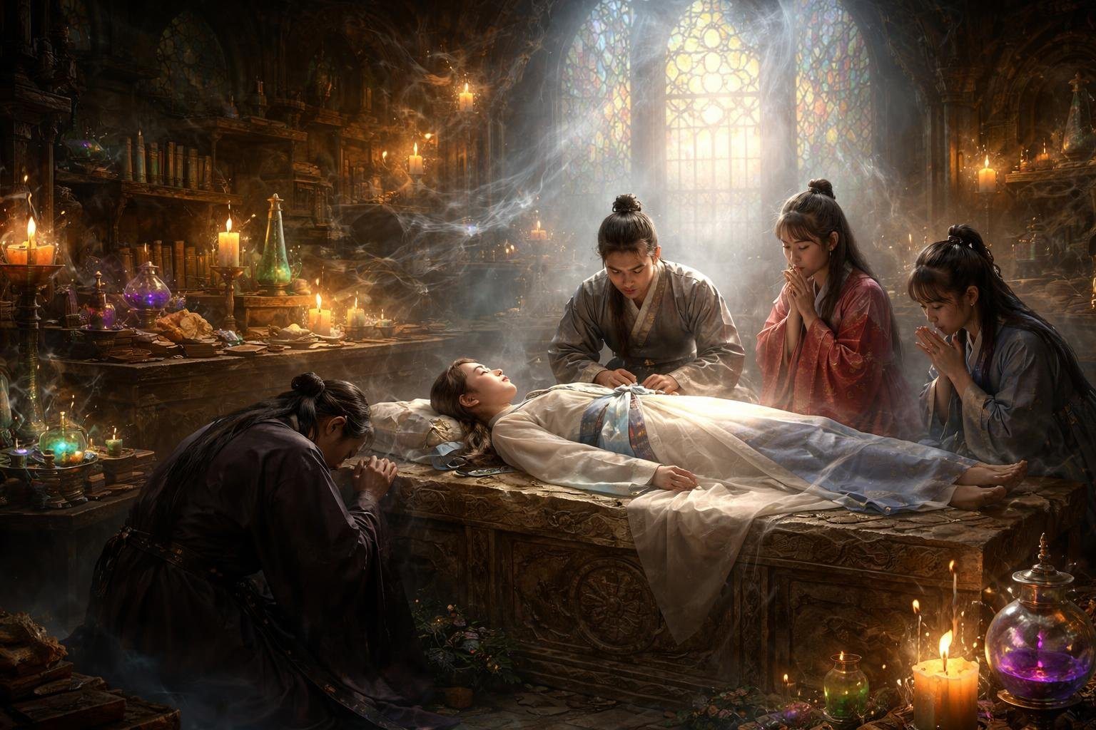 Cena de um laboratório antigo de alquimia com uma pessoa deitada em um altar e outras pessoas ao redor demonstrando tristeza.