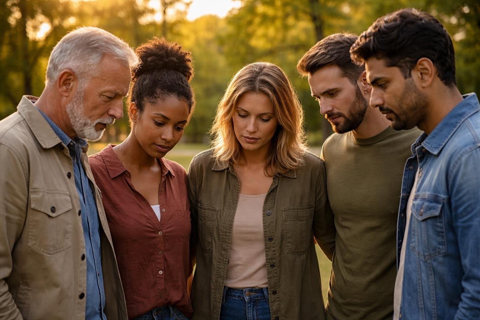 Cinco pessoas diversas em círculo próximo em um parque, com expressões pensativas e ambiente ao ar livre.