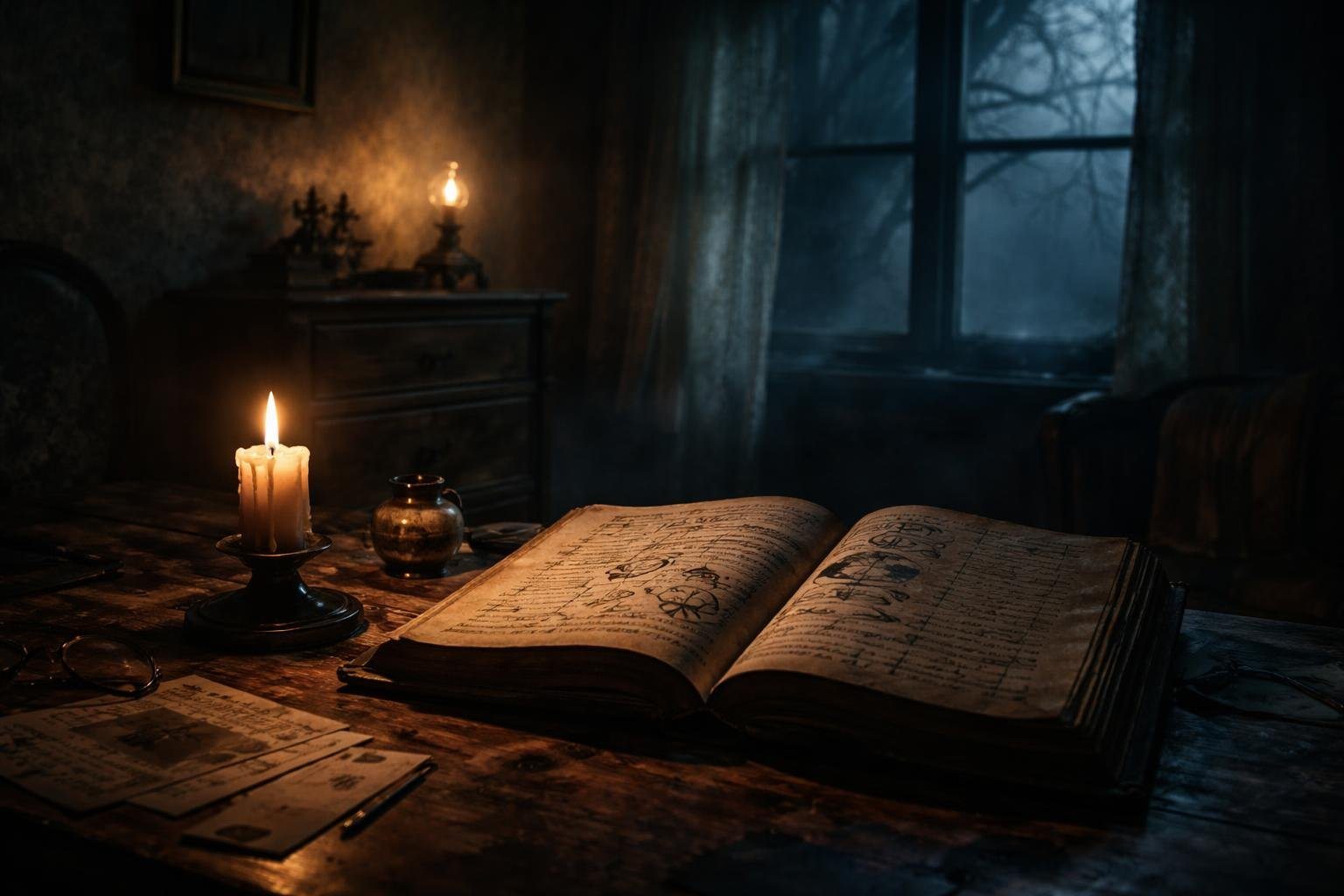 Uma sala antiga e escura com uma mesa de madeira, um livro velho aberto com símbolos misteriosos, uma vela acesa e uma janela mostrando uma noite nebulosa com galhos de árvores.