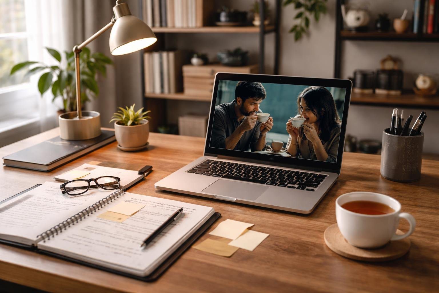 Um escritório doméstico moderno com uma mesa, laptop aberto mostrando uma cena de filme pausada, xícara de chá, anotações e plantas em um ambiente iluminado pela luz natural.