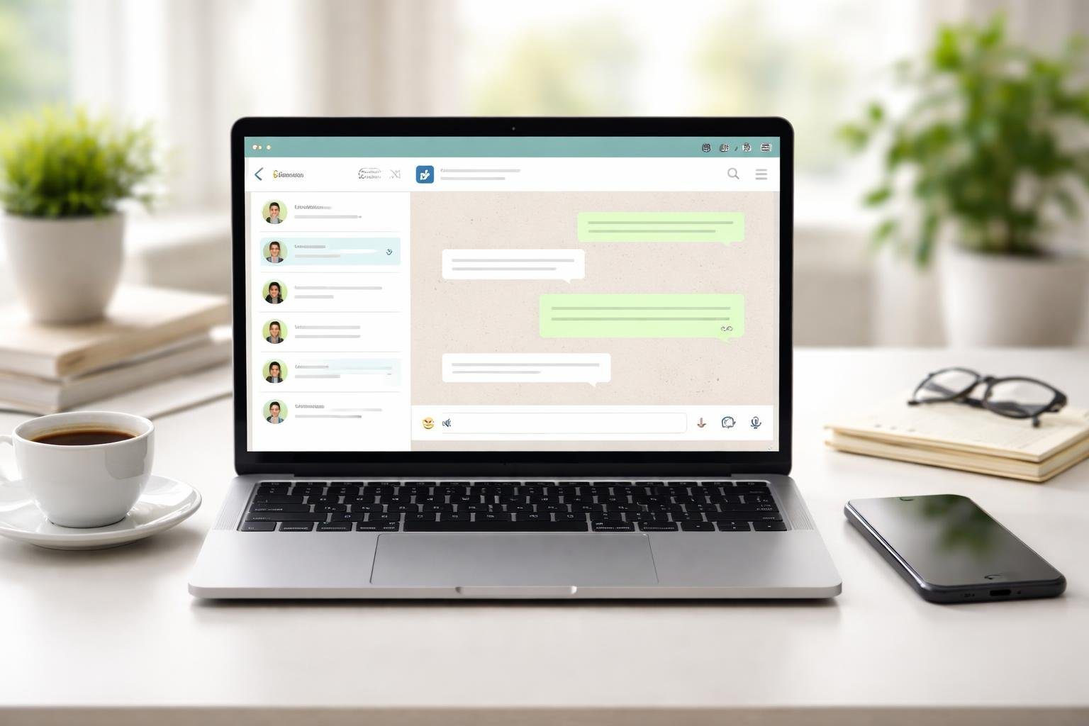 Uma mesa de trabalho moderna com um laptop aberto mostrando uma interface de aplicativo de mensagens na web, acompanhado de um smartphone e uma xícara de café.