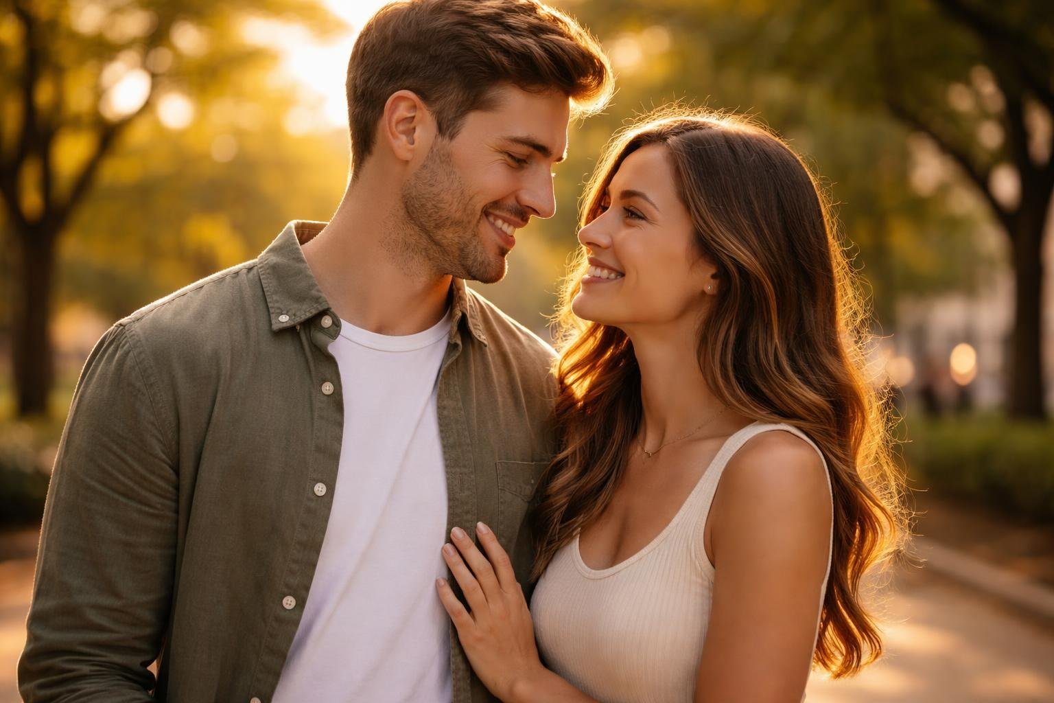 Um casal jovem sorrindo e se abraçando em um parque urbano ao entardecer.