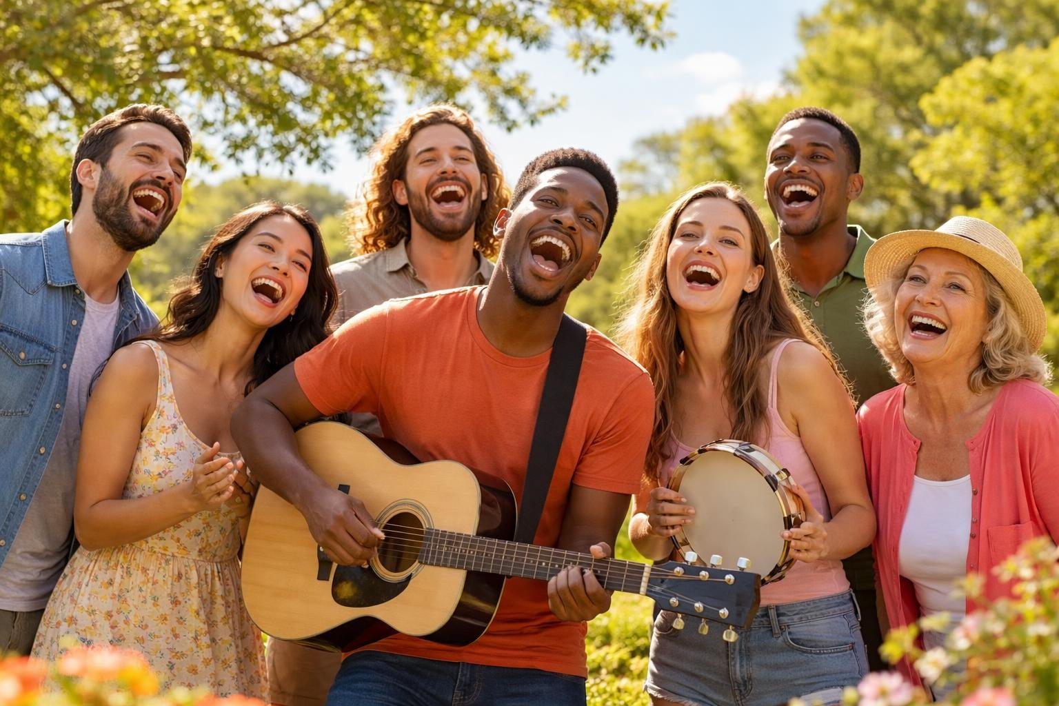 Grupo de pessoas cantando alegremente ao ar livre em um parque ensolarado, cercado por árvores verdes e flores coloridas.