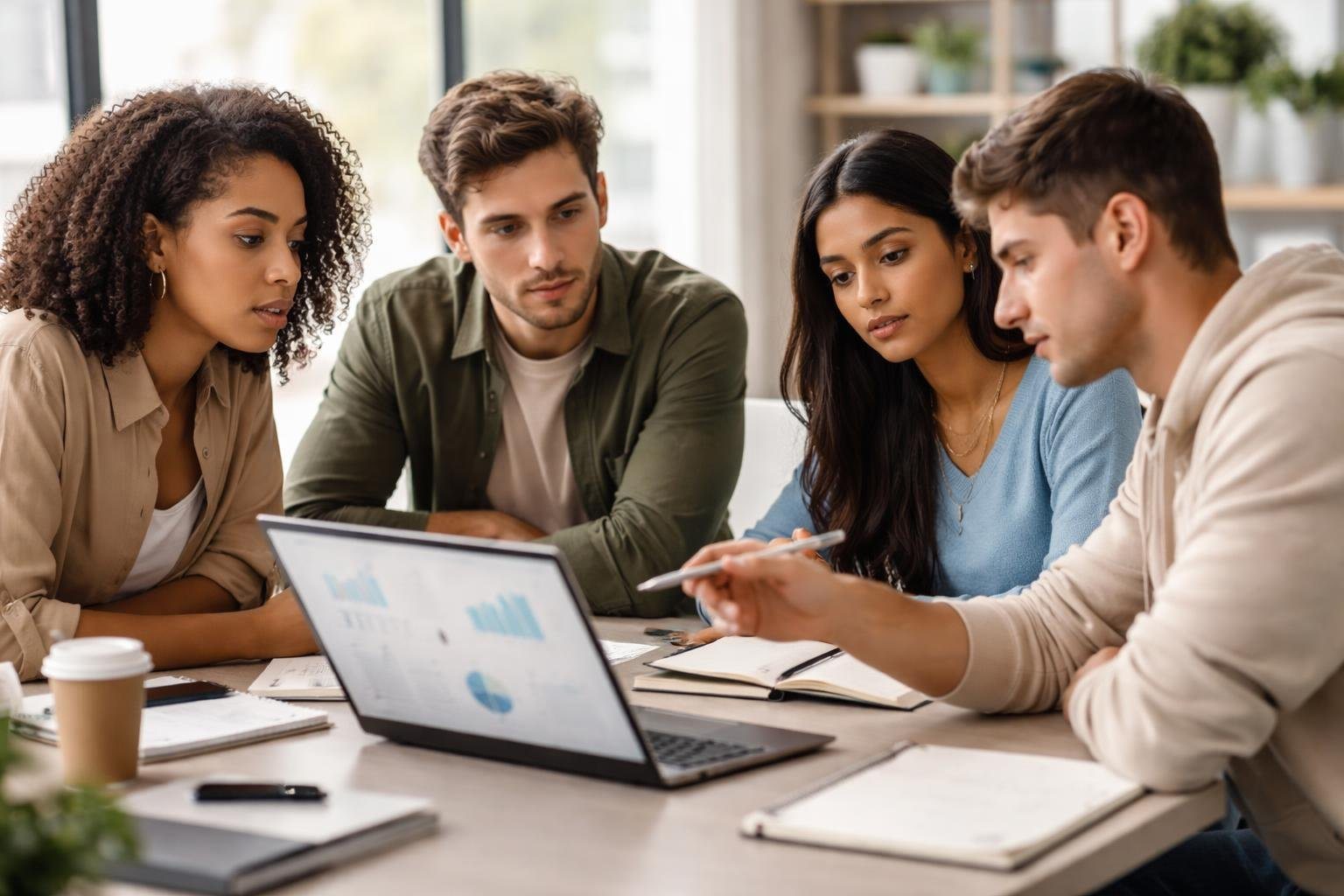 Grupo de jovens adultos discutindo em volta de uma mesa moderna, analisando informações em um laptop em um ambiente iluminado e contemporâneo.