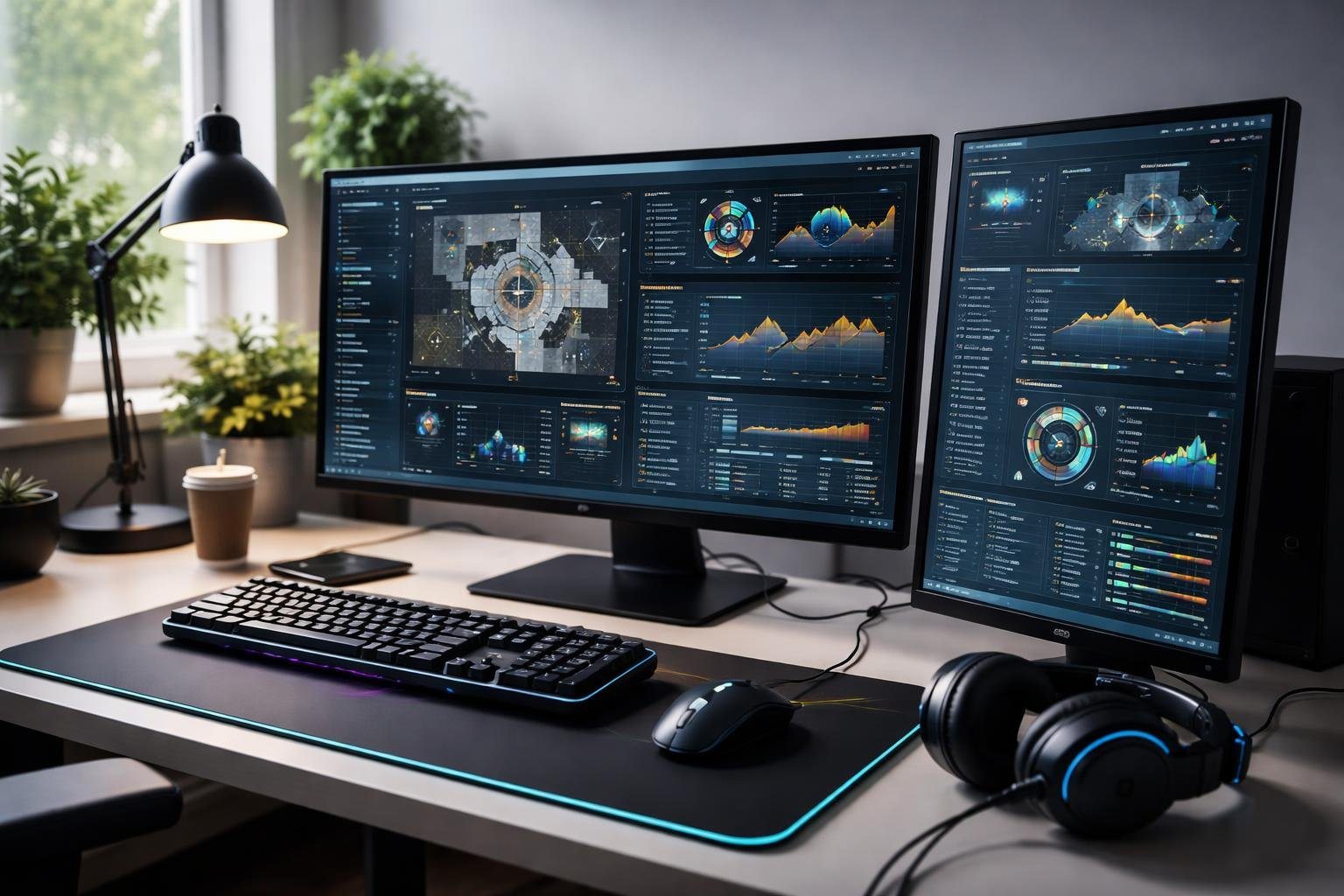 Um ambiente de trabalho moderno com computador exibindo gráficos e estatísticas de jogos, acessórios de jogos ao redor.