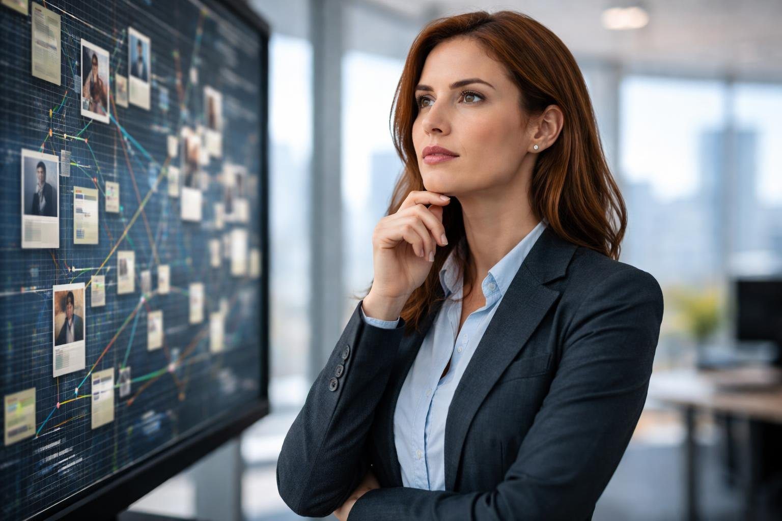 Mulher confiante em traje profissional olhando para uma tela digital com um diagrama complexo em um escritório moderno.
