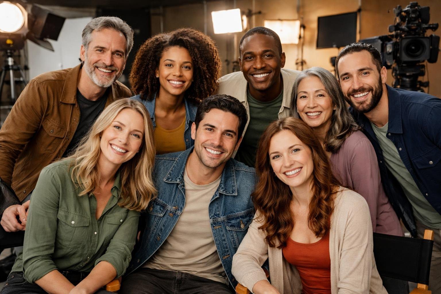 Um grupo diversificado de atores posando juntos em um set de filmagem, sorrindo e interagindo de forma natural.