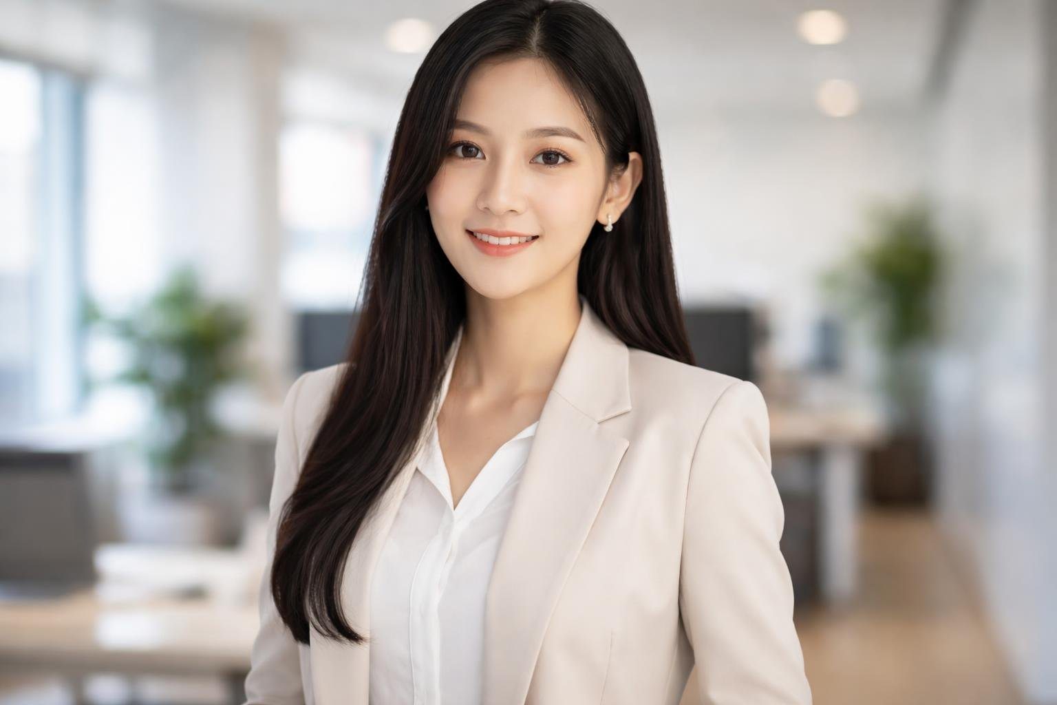 Mulher jovem asiática sorrindo em um escritório moderno e iluminado, vestindo roupa casual elegante.